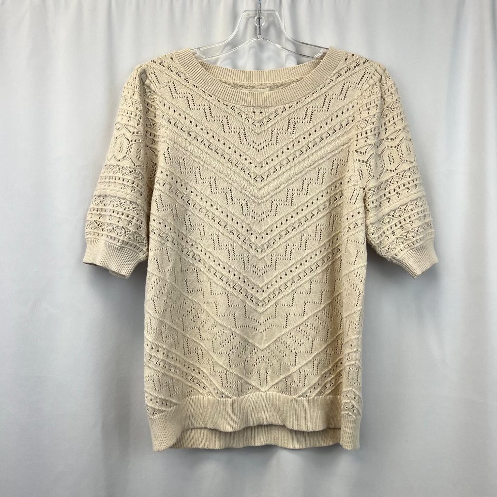 Loft Womens Beige Cotton Round Neck Short Sleeve Pullover Sweater Size Medium